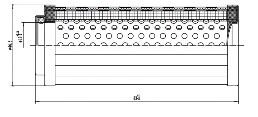 Hydraulic element dimensional drawing: ø44.3, ø18, length 83 mm