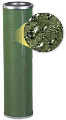 Green Teflon-coated water separator element with water-beading detail