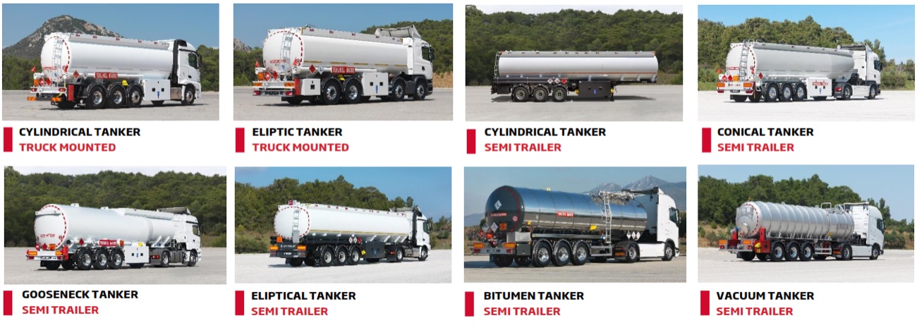 Tanker configurations: cylindrical, elliptic, conical, gooseneck, bitumen, vacuum — truck-mounted and semi-trailer